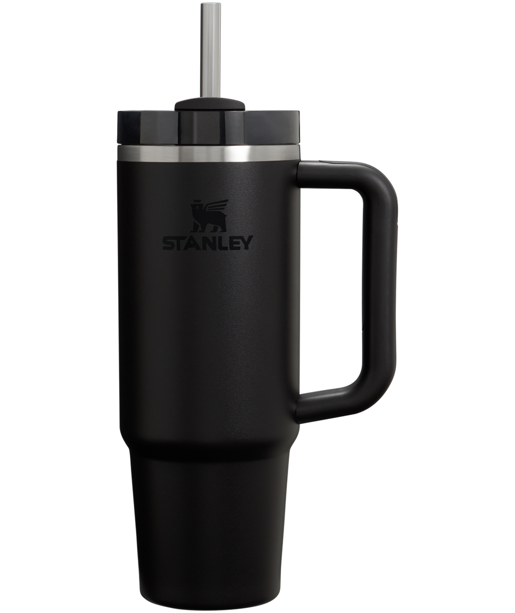 Splash-Resistant FlowState The Quencher H2.0 Flowstate Tumbler | Stanley Create D331C - Double-Wall Vacuum Insulated Travel Tumbler with Straw - Black 2.0