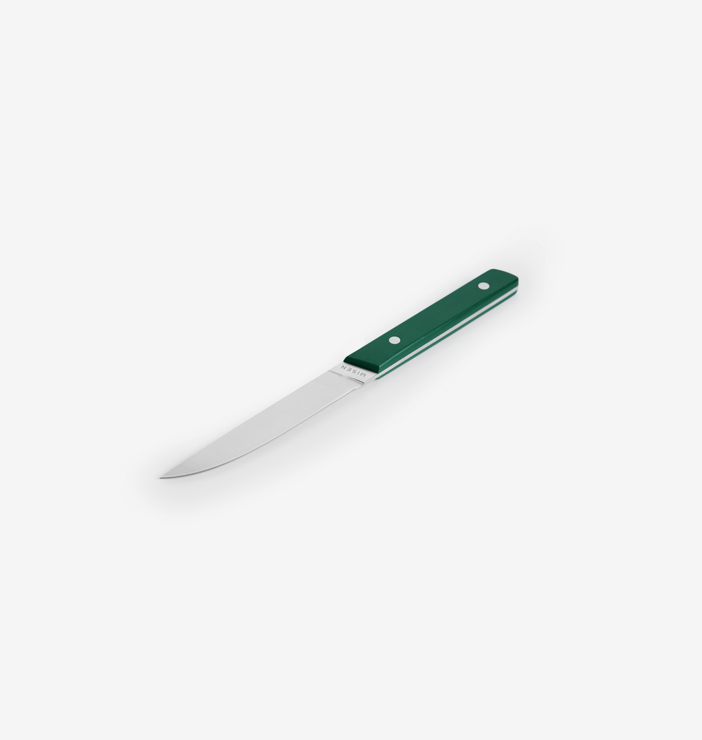 Misen steak knife with green handle and stainless steel blade