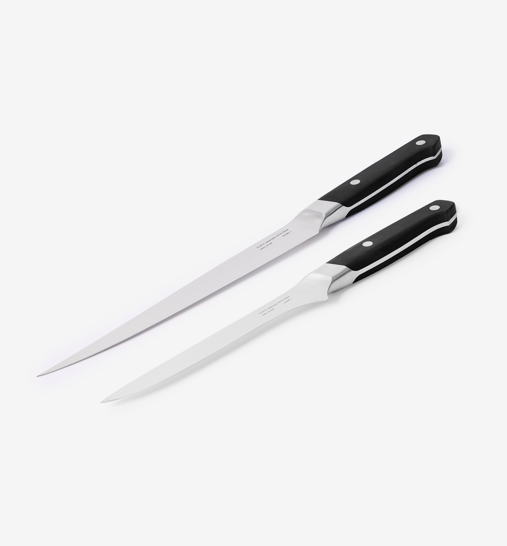 Two professional fillet knives with black handles and stainless steel blades
